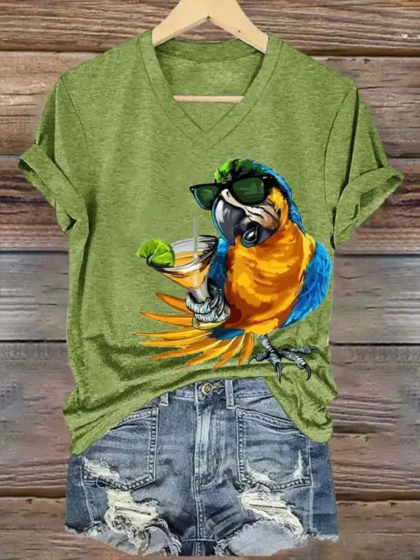 Women's Funny Drinking Parrot Print T-Shirt