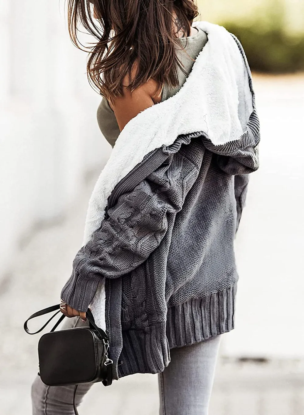 Womens Hooded Cardigans Button Up Cable Knit Sweater Coat Outerwear with Pockets