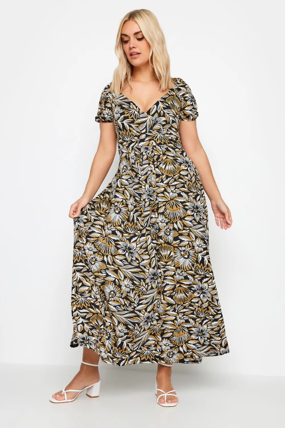 YOURS Curve Black Leaf Print Tiered Maxi Dress