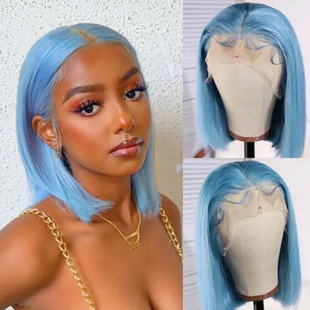 Sterly Light Blue Bob Wig Colored Straight 4x4 13x4 Bob Human Hair Wigs
