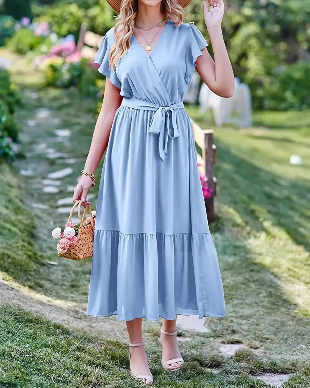 Women Summer Bohemian Floral Casual Wrap V Neck Ruffle Cap Sleeveless Belt A-Line Pleated Hem Swing Midi Sun Dress