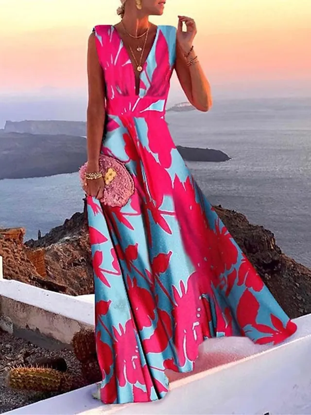 Women's Casual Dress Swing Dress Floral Dress Long Dress Maxi Dress Green Blue Pink Sleeveless Floral Print Spring Summer Deep V Hot Daily 2023 S M L XL XXL
