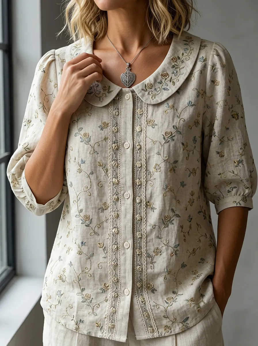 Women's Nashville Floral Embroidery Printed Button-down Shirt