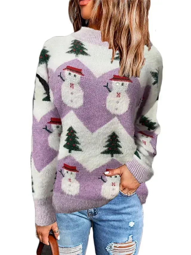 Women's Ugly Christmas Sweater Pullover Sweater Jumper Crew Neck Ribbed Knit Polyester Knitted Fall Winter Tunic Outdoor Christmas New Year Stylish Casual Soft Long Sleeve Snowman Xmas Tree Pink