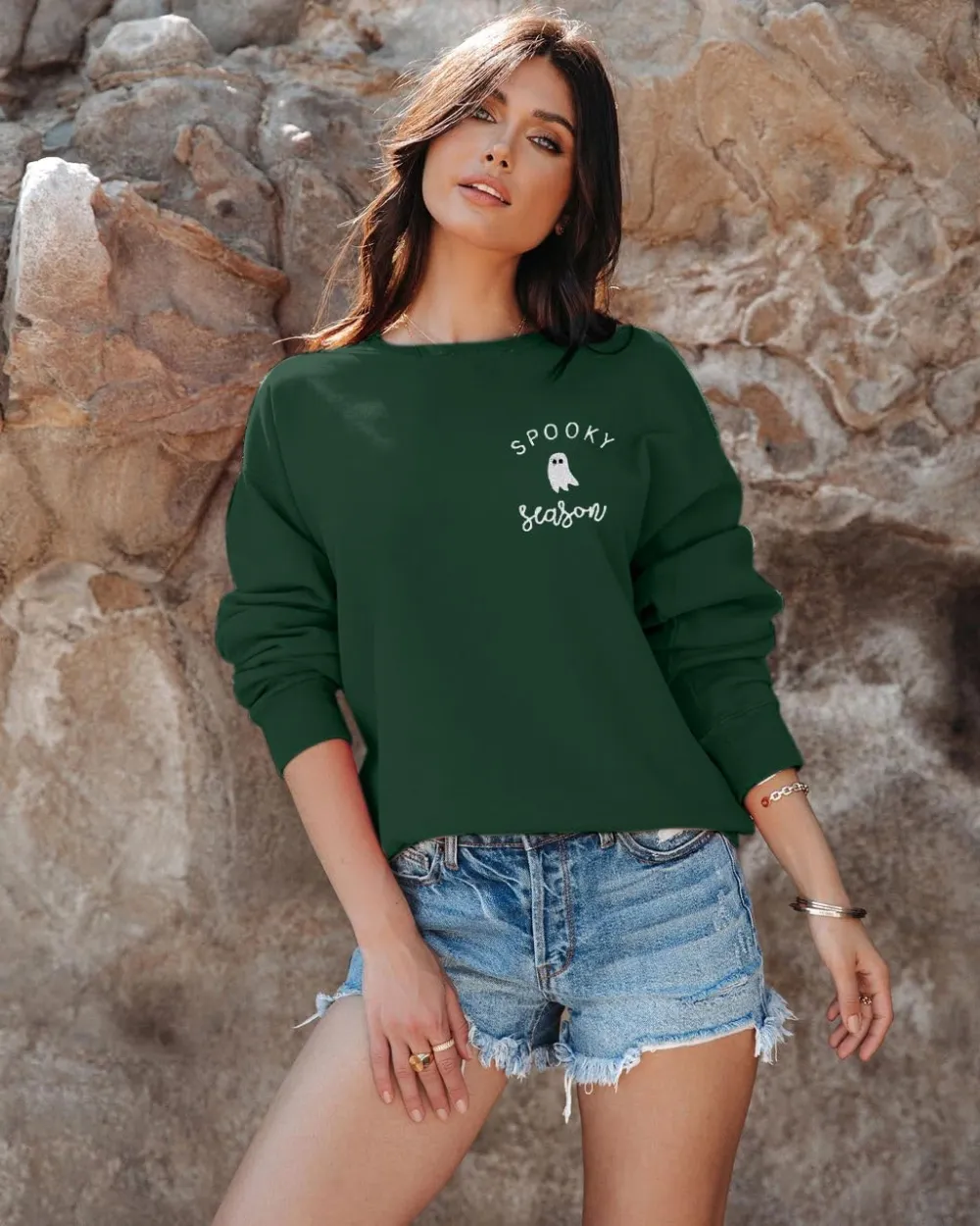 LOTUCY Halloween Sweatshirt Women Cute Spooky Season Sweatshirts Ghost Fall Embroidered Sweater Pullover Top