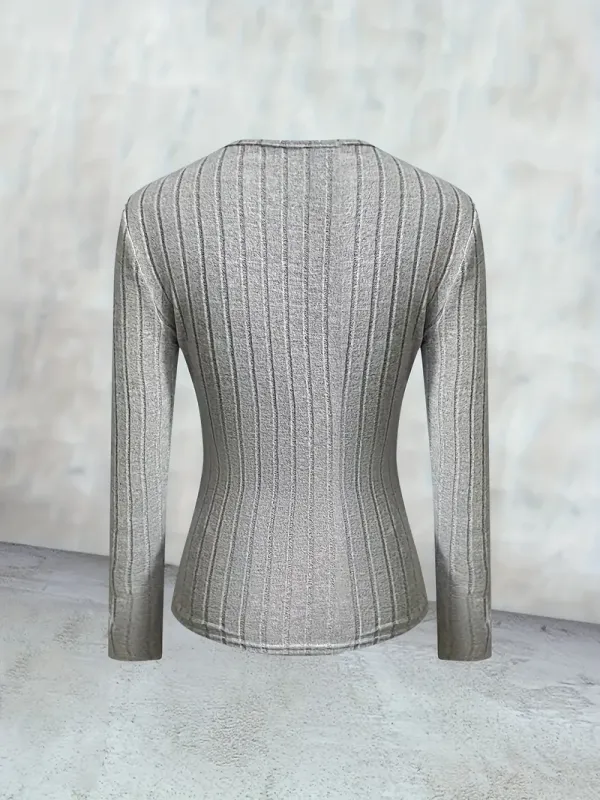 Ribbed Surplice Neck Long Sleeve T-Shirt for Women, Spring & Fall Casual Tops