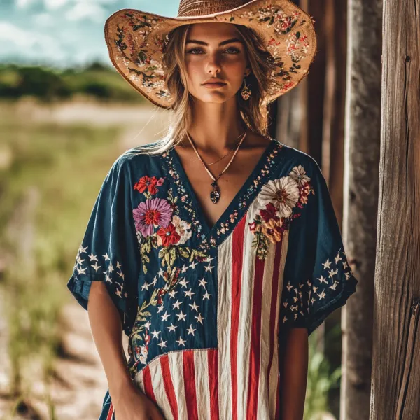 Women's Independence Day Flag Flower Embroidered Linen T-shirt