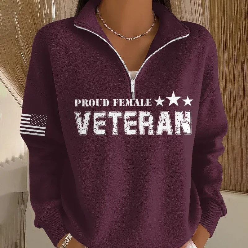 Women's Veteran Art Print Casual Zip-Up Sweatshirt