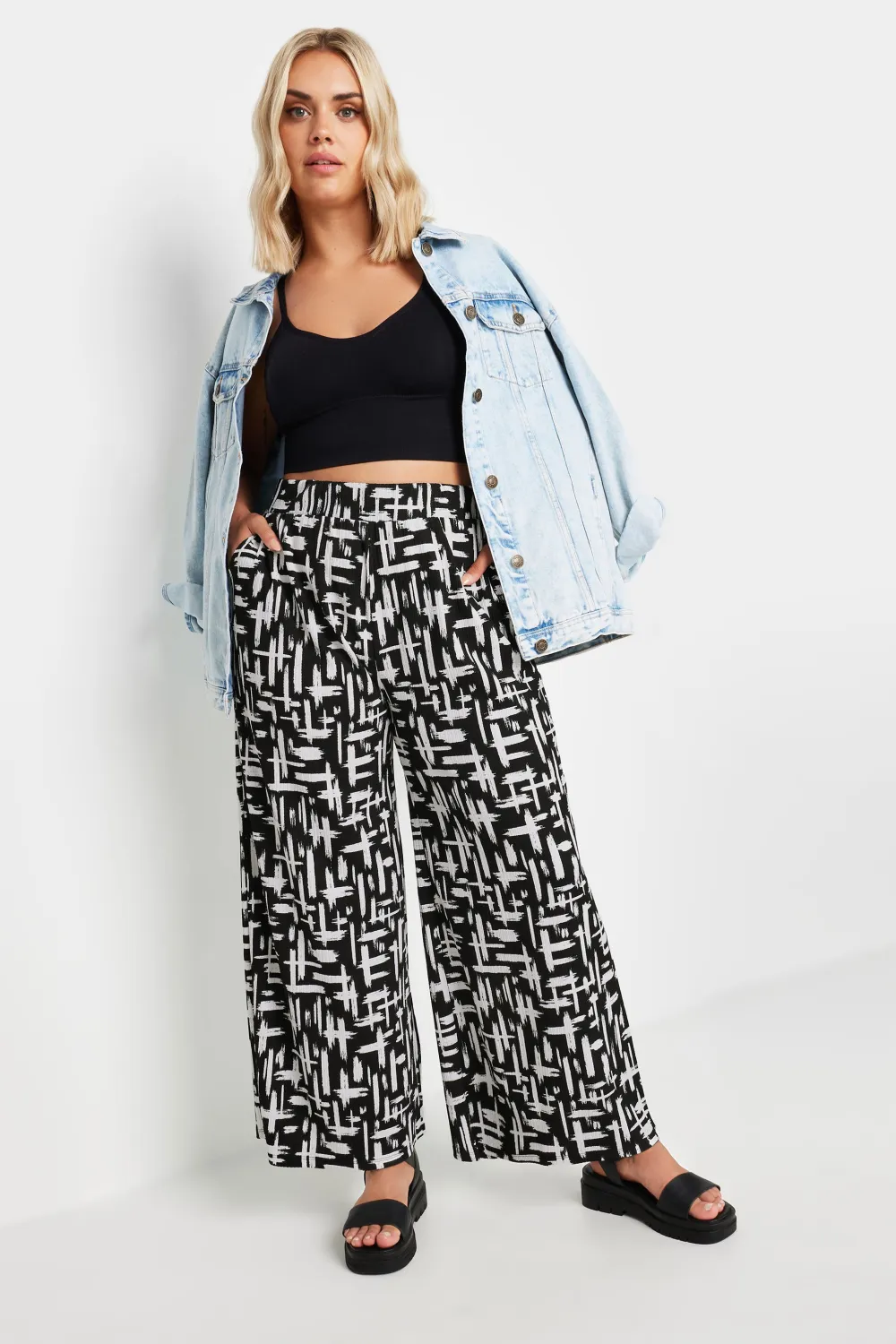 YOURS Curve Dark Grey Abstract Print Textured Wide Leg Trousers