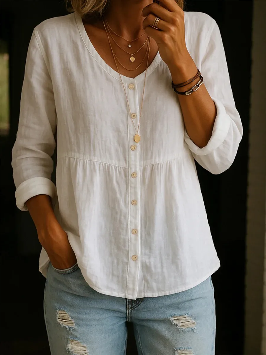 Women's Linen Cotton Blend Shirt - 3/4Sleeve Crew Neck Loose Hip-Length CasualBlouse