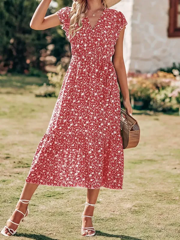 Women Summer Bohemian Floral Casual Wrap V Neck Ruffle Cap Sleeveless Belt A-Line Pleated Hem Swing Midi Sun Dress