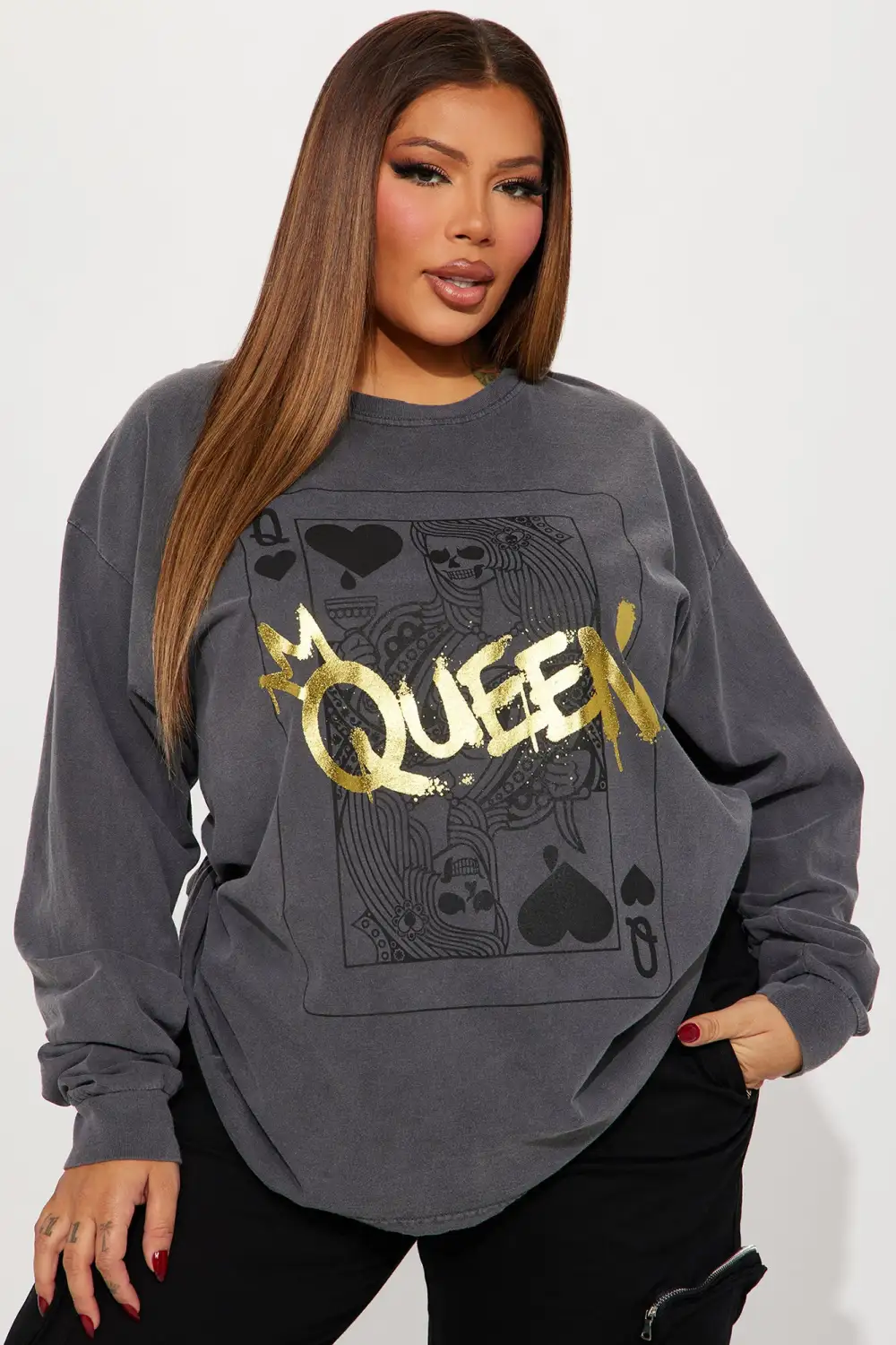 Queen Of Hearts Long Sleeve Tee - Grey/combo