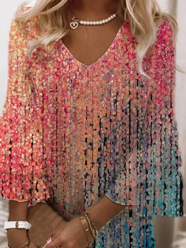 Women's A Line Dress Short Mini Dress Rainbow 3/4 Length Sleeve Print Color Block Ruched Print Spring Summer V Neck Elegant Modern 2023 3XL