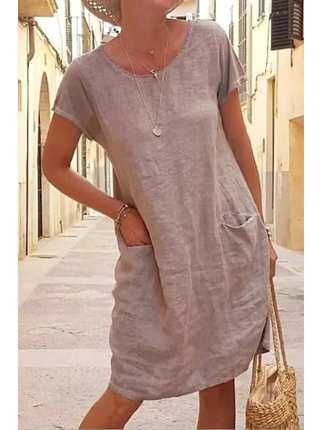 Women‘s Shift Dress Knee Length Dress Short Sleeve Pure Color Pocket Spring Summer Crew Neck Basic Casual Classic Loose 2023 S M L XL 2XL 3XL 4XL 5XL / Cotton