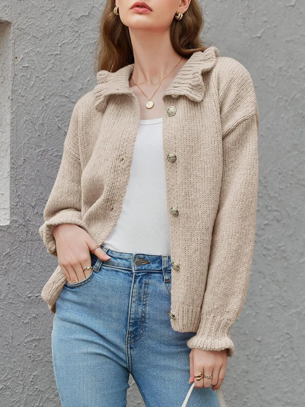 🎄Hot Sale Ruffle Cardigan Oversized Button Up Ribbed Knit Open Front Long Sleeve Loose Sweater