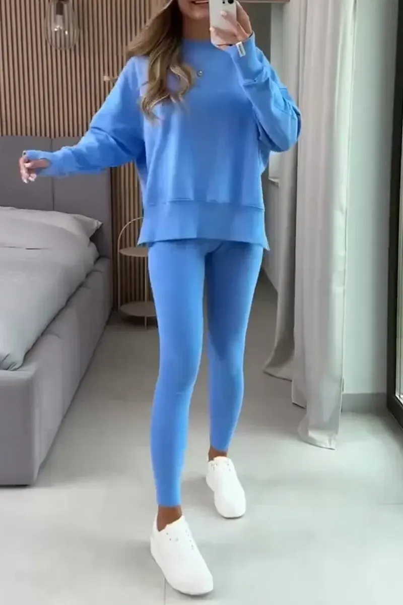 Women's Casual Round Neck Solid Color Side Opening Two Piece Suit