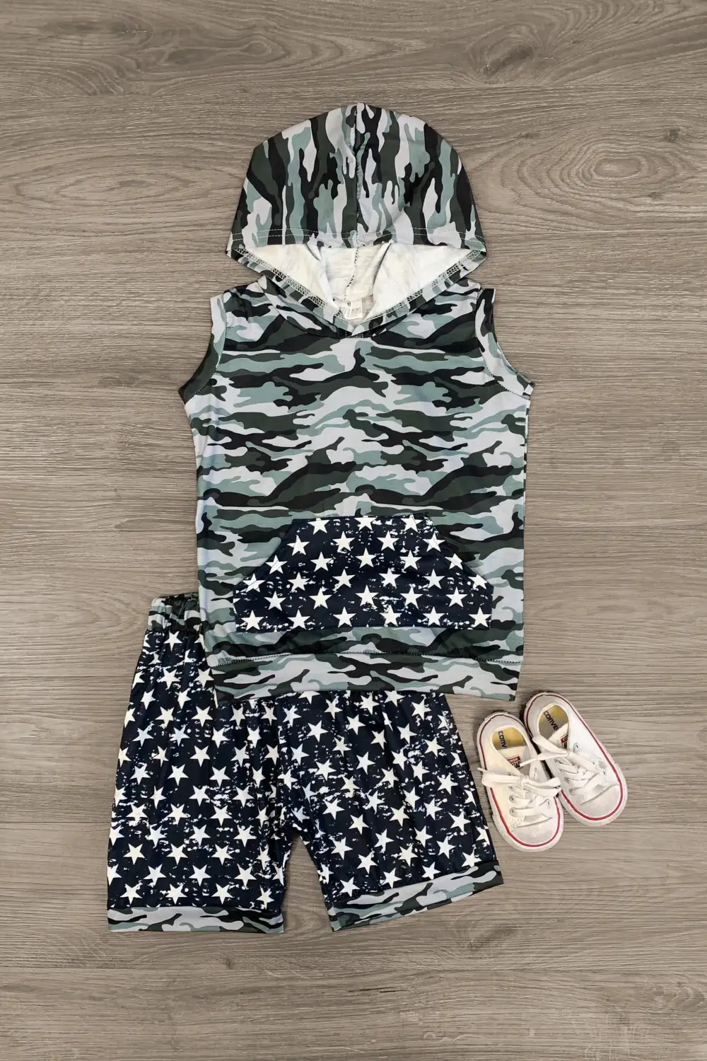 Star Camo Sleeveless Hoodie Short Set
