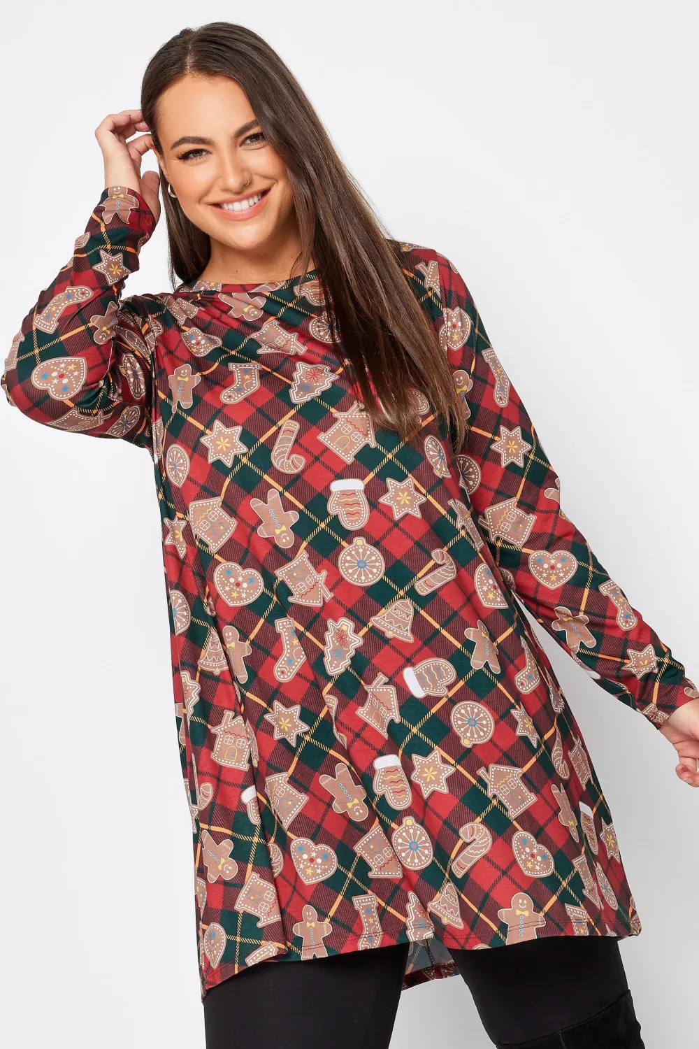 YOURS Curve Red Gingerbread Check Print Tunic Top