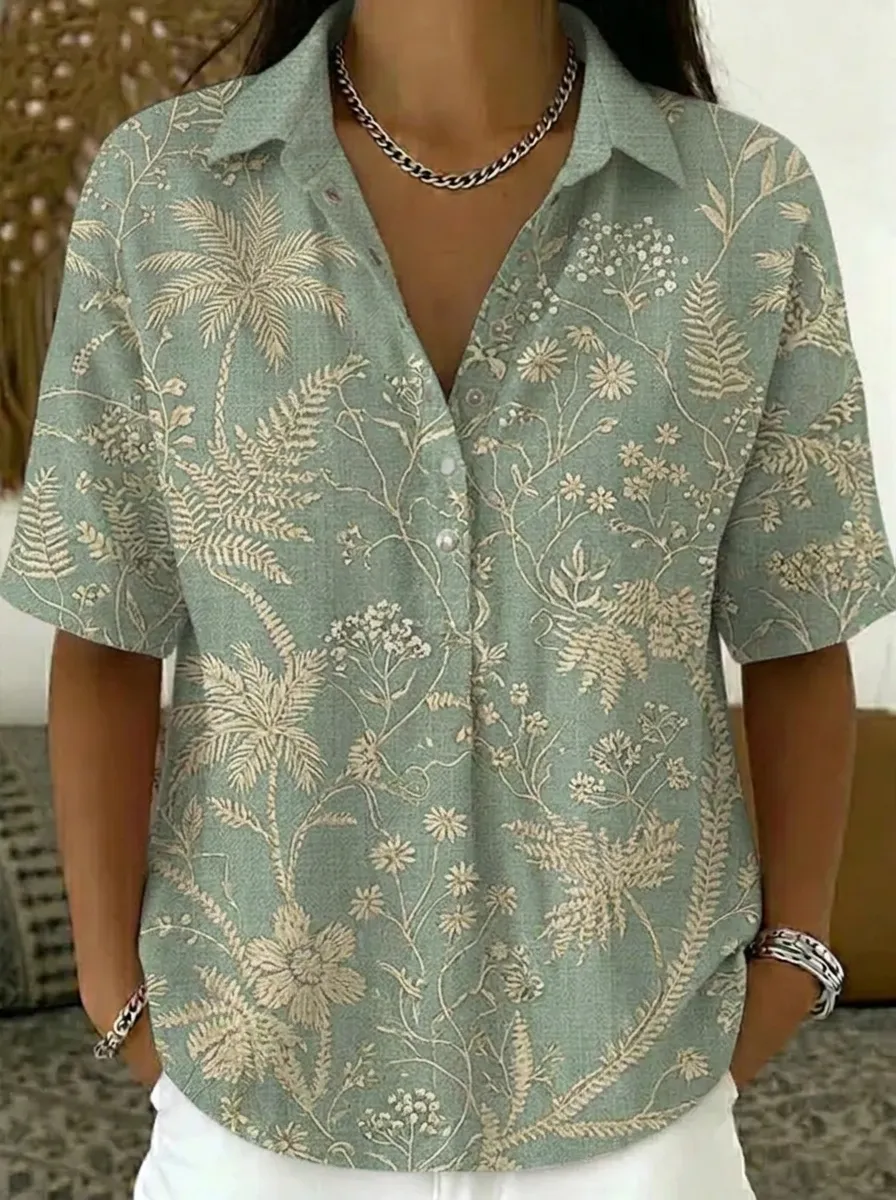 Women's Nashville Tropical Palm Floral Printed V-Neck Shirt