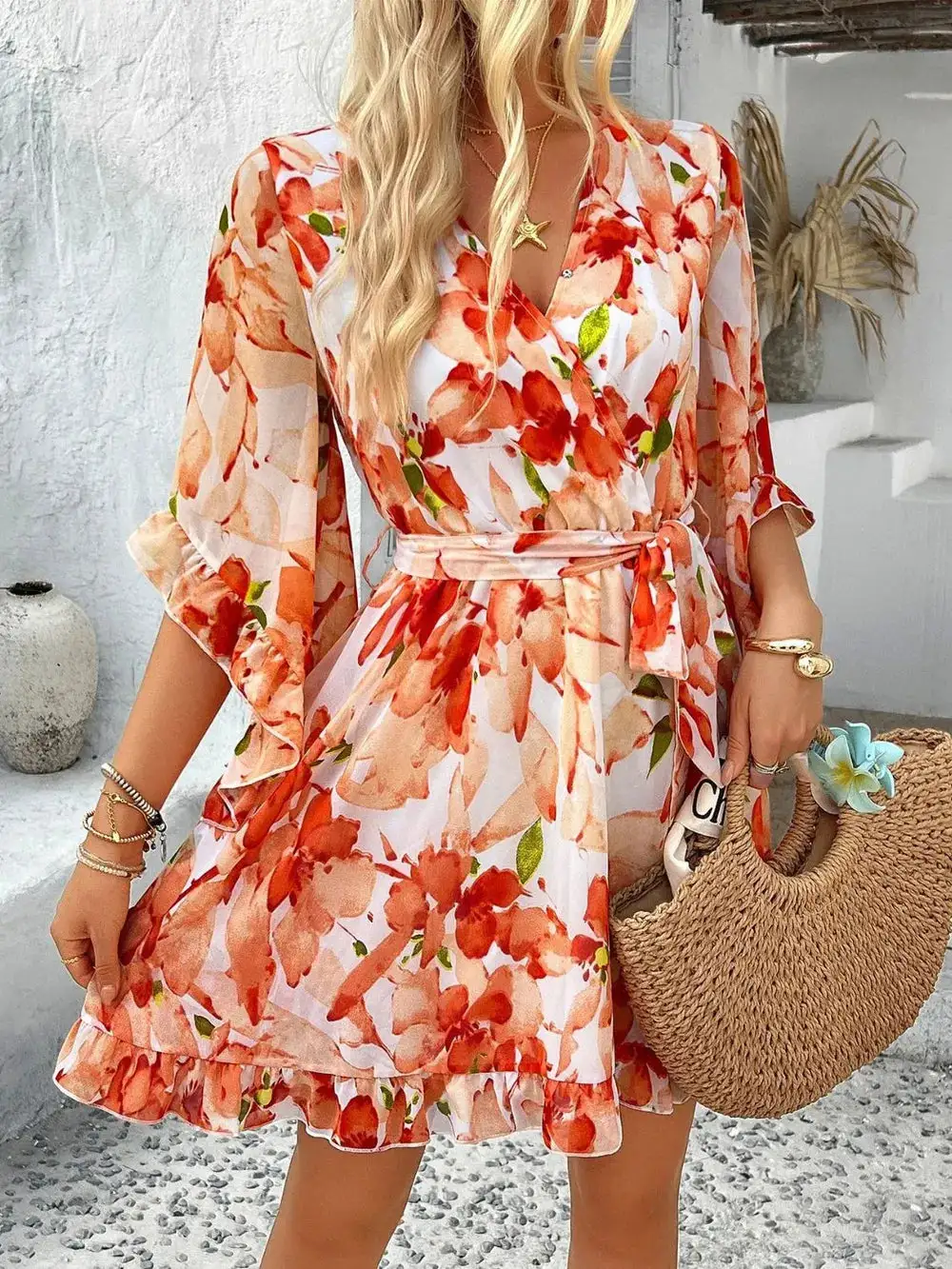 Relaxed Surplice Neck Ruffle Trim Dress