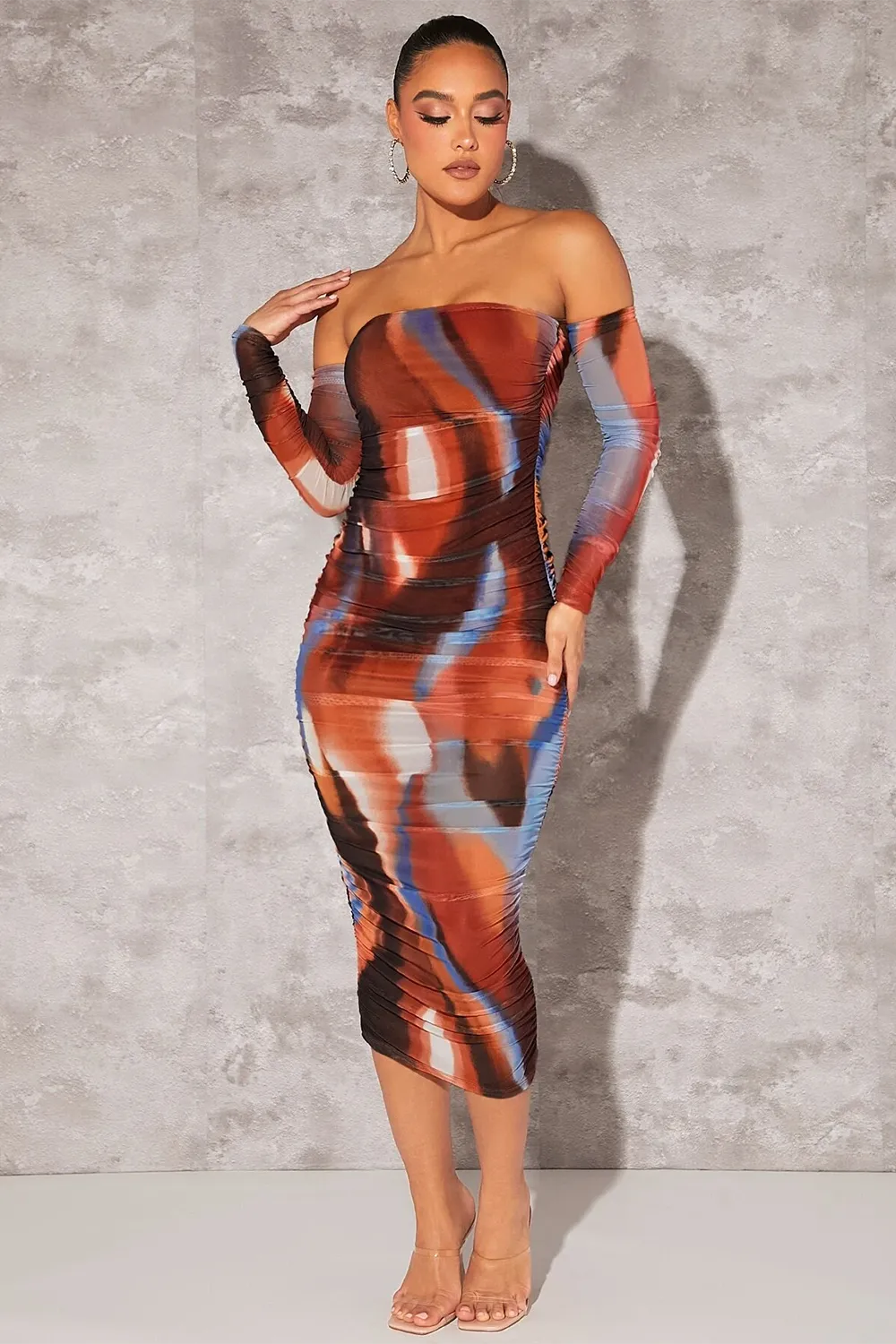 BAE Tie Dye Off Shoulder Ruched Side Bodycon Dress