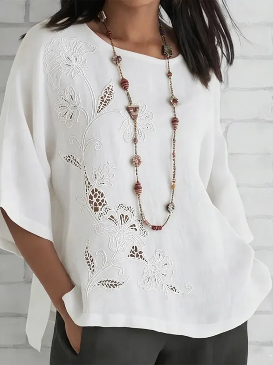 Women's Nashville Floral Embroidery Cutout Printed Top