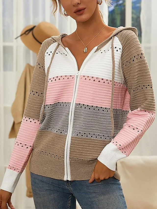Suéter feminino com capuz e malha canelada com zíper e patchwork Primavera e outono Exterior Diariamente Exterior Moda Casual Macia Manga Longa