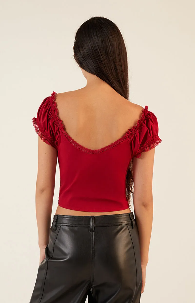 LA Hearts Lace Trim Tie Front Top