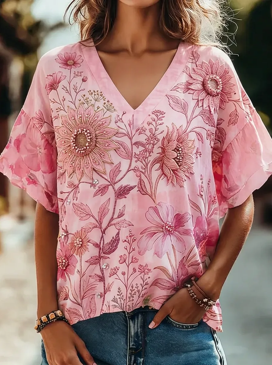 Women's Nashville Floral Sunflower Printed V-neck Top