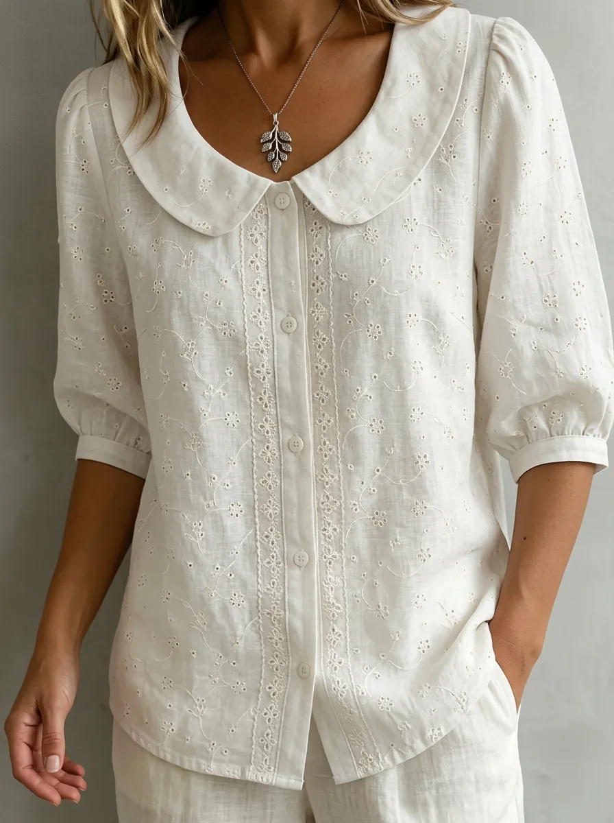 Women's Nashville Floral Embroidery Peter Pan Collar Printed Top