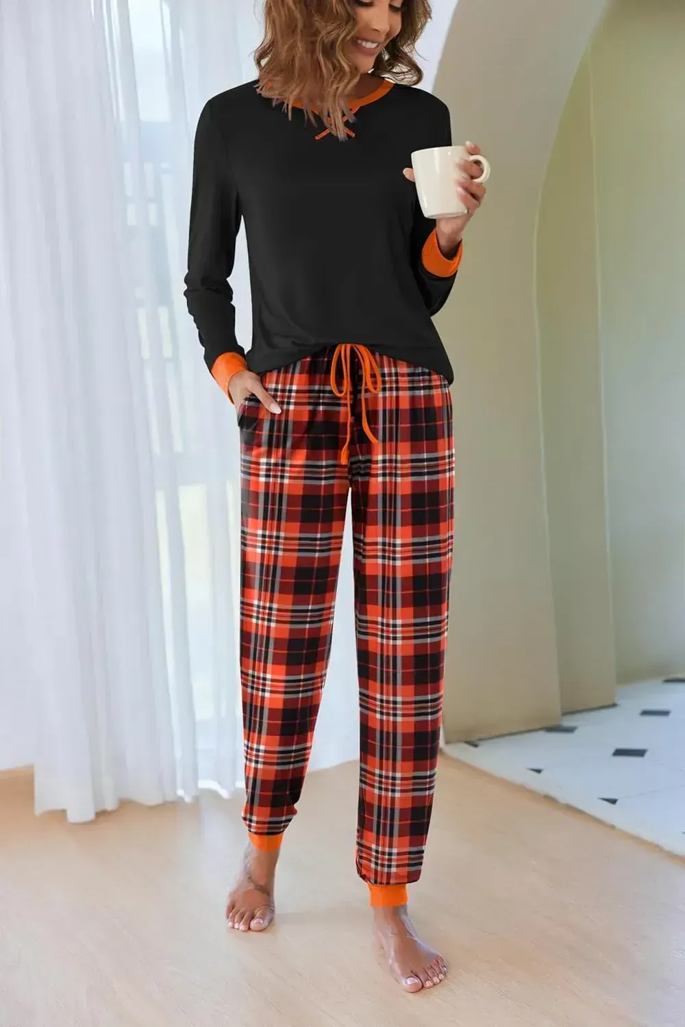 Women's Pajamas Sets Long Sleeve with Plaid Pants Soft Sleepwear O Neck 2 Piece Pjs Joggers Loung Set with Pockets