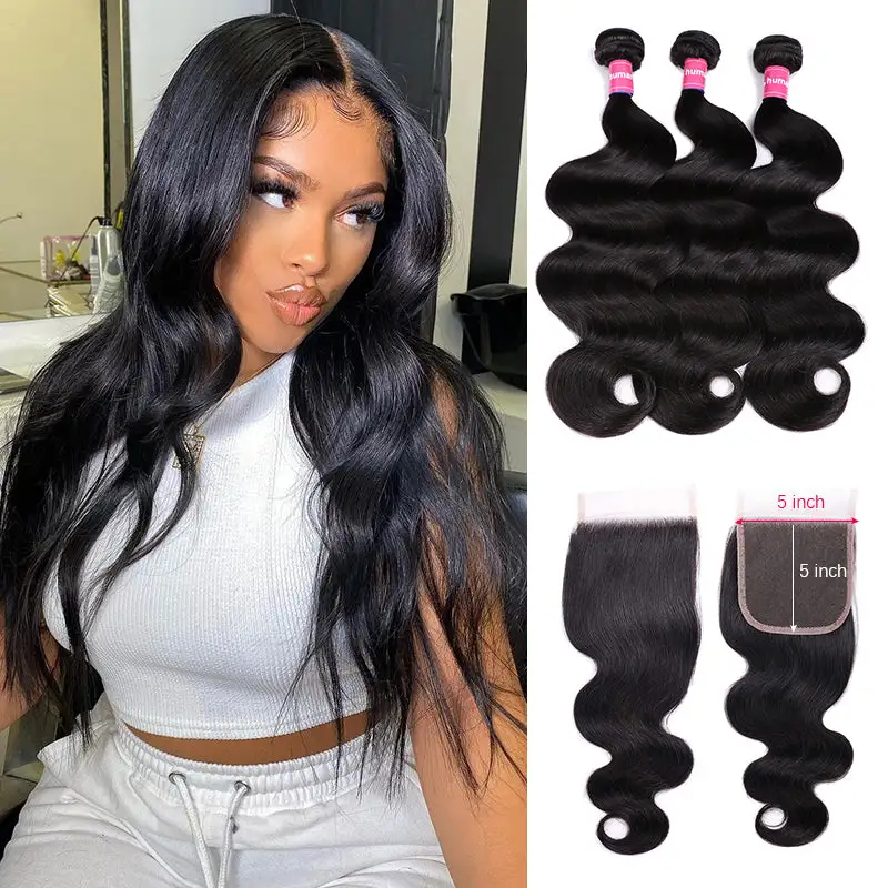 Sterly Body Wave Human Hair Bundles With  5x5 Lace Closure Remy Human Hair Bundles With Closure Frontal