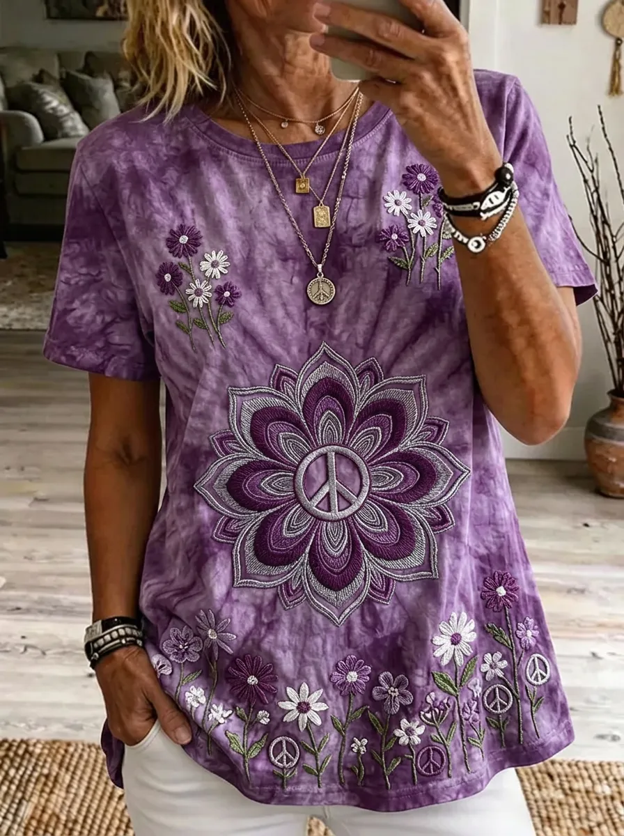 Women's Nashville Floral Mandala Peace Sign Printed T-shirt