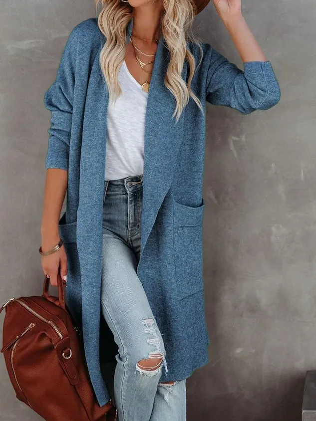 Women Long Sleeve Lapel Open Front Long Woolen Cardigan with Pockets