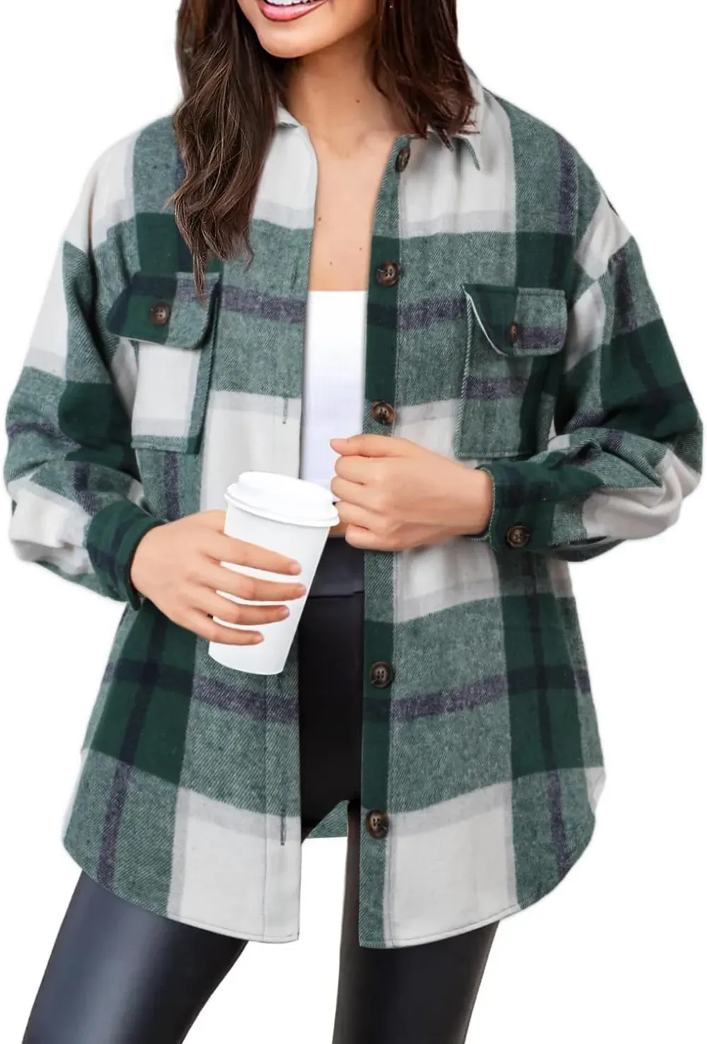 Women's Casual Plaid Flannel Shacket Jacket Oversized Button Down Long Sleeve Fall Shirts Jacket Lapel Coats Tops