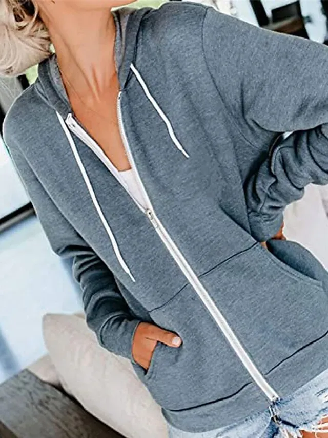 Women's Hoodied Jacket Casual Jacket Fall Spring Outdoor Zipper Plain Breathable Streetwear Regular Fit Outerwear Long Sleeve Summer Black S