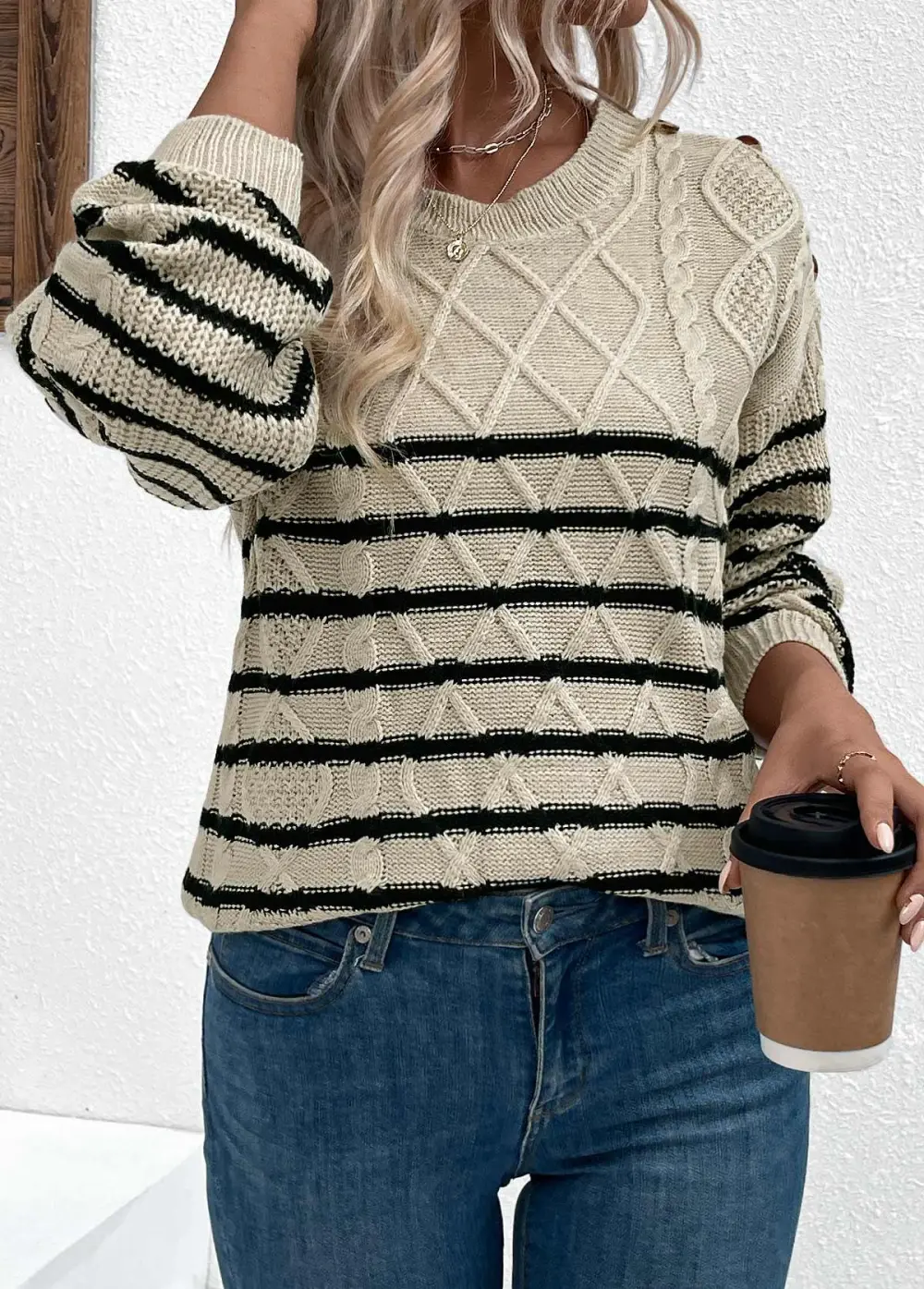 Light Camel Striped Long Sleeve Round Neck Sweater