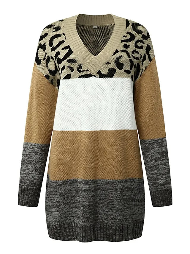 Women's Pullover Sweater Jumper V Neck Crochet Knit Knit Patchwork Knitted Fall Winter Tunic Going out Weekend Stylish Long Sleeve Color Gradient Brown S M L