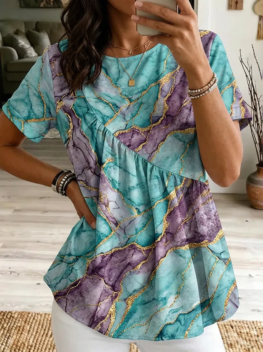 Women's Nashville Teal Purple Marble Gold Vein Printed T-shirt
