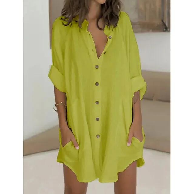 Women's Shirt Dress Casual Dress Mini Dress White Green Long Sleeve Pure Color Button Fall Spring Summer Shirt Collar Basic Daily Fall Dress Loose Fit 2023 M L XL 2XL 3XL