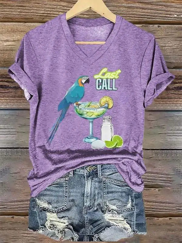 Women's Retro Parrot Margarita Print T-Shirt