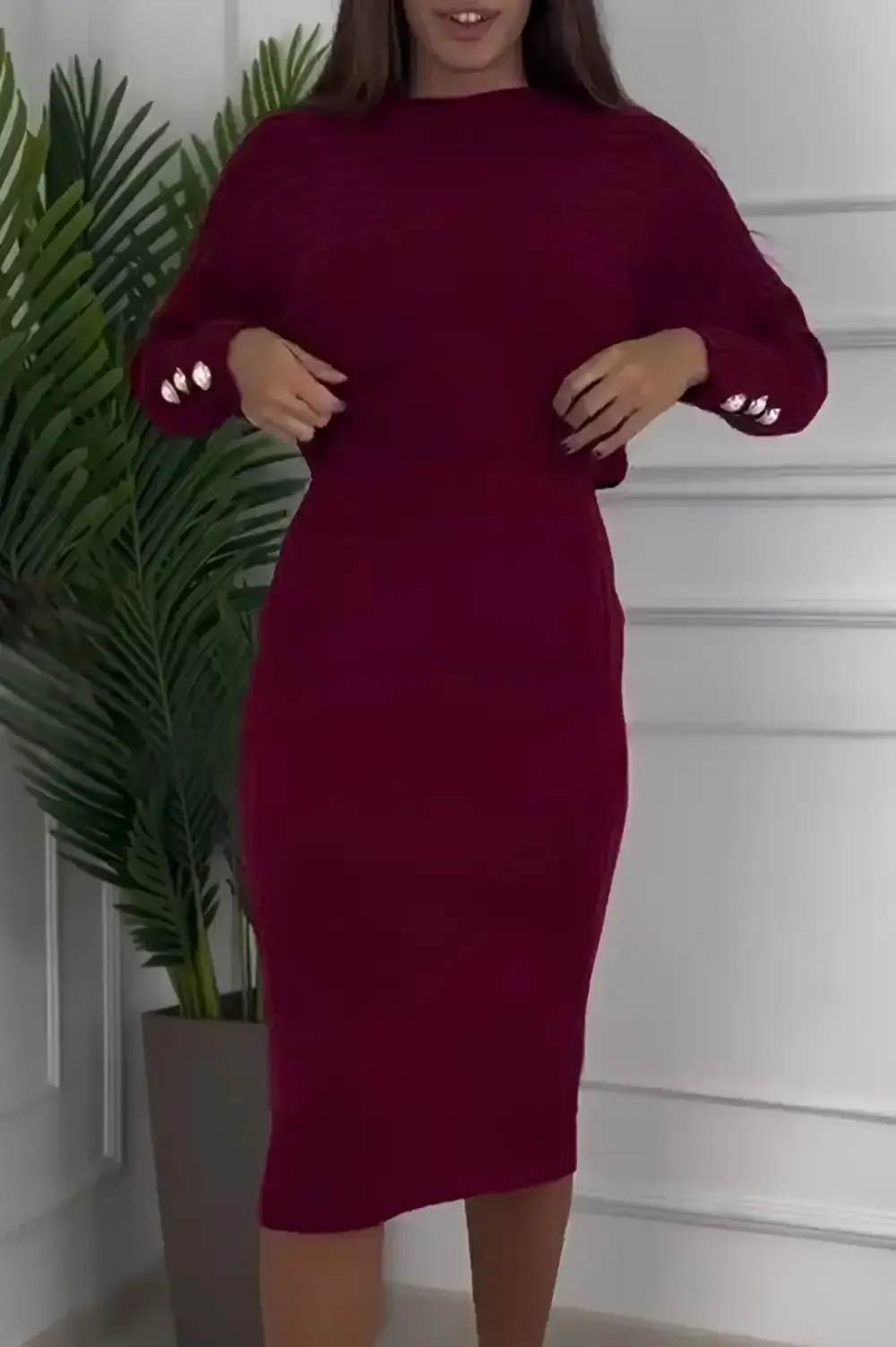 Women's Round Neck Long Sleeve Knitted Sweater Casual Suit Dress