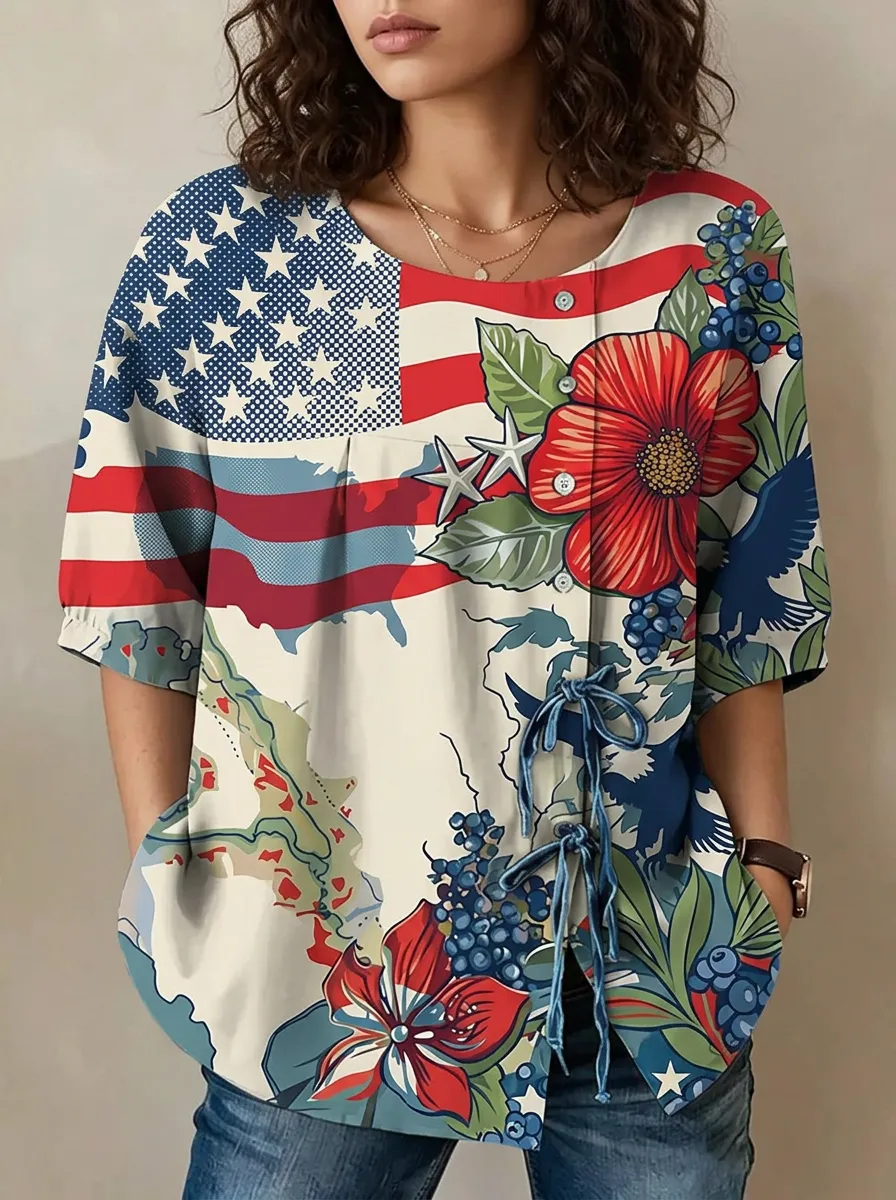 Women's Nashville USA Flag Floral Printed Button-up Top