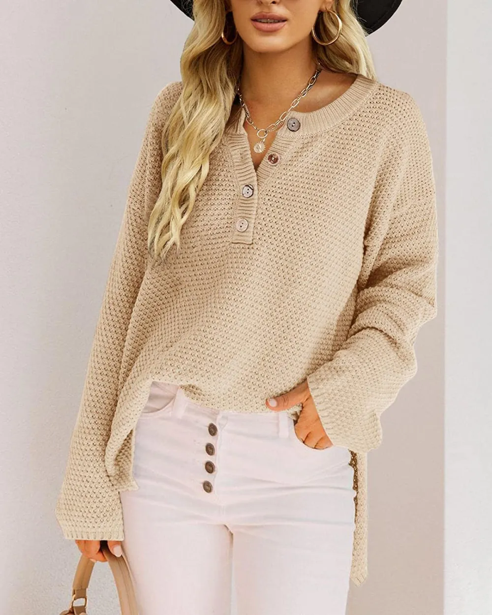 Women's Oversized Sweaters Batwing Long Sleeve Loose V Neck Button Henley Tops Pullover Knit Jumper