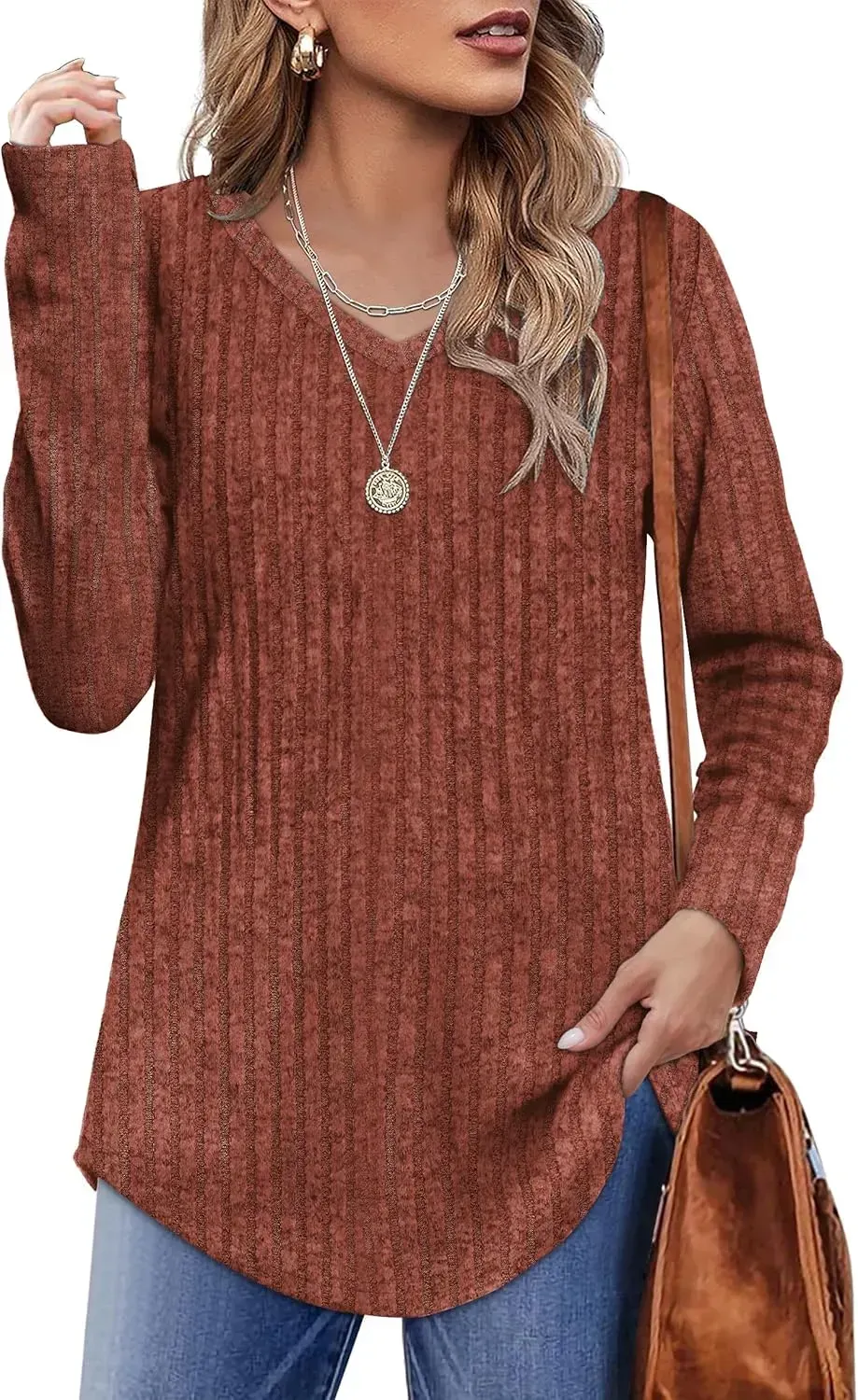 OFEEFAN Long Sleeve Shirts for Women Lightweight Crew Neck Casual Tunic Tops