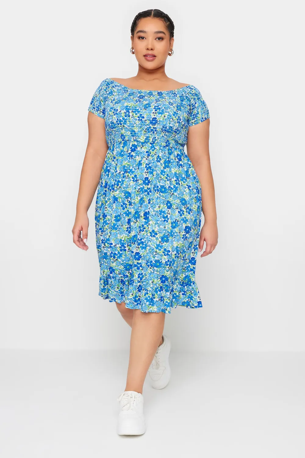 YOURS Curve Blue Shirred Bardot Midi Dress