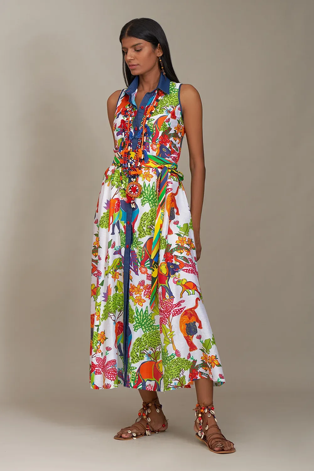 White Cotton Silk Printed Floral Shirt Collar Dress For Women