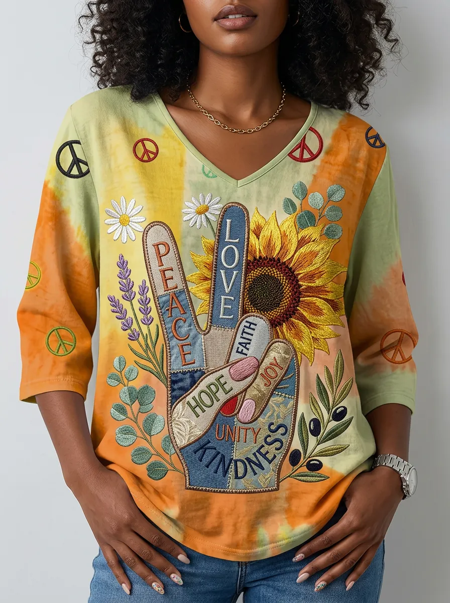 Women's Nashville Peace Sign Sunflower Floral Printed V-neck T-shirt