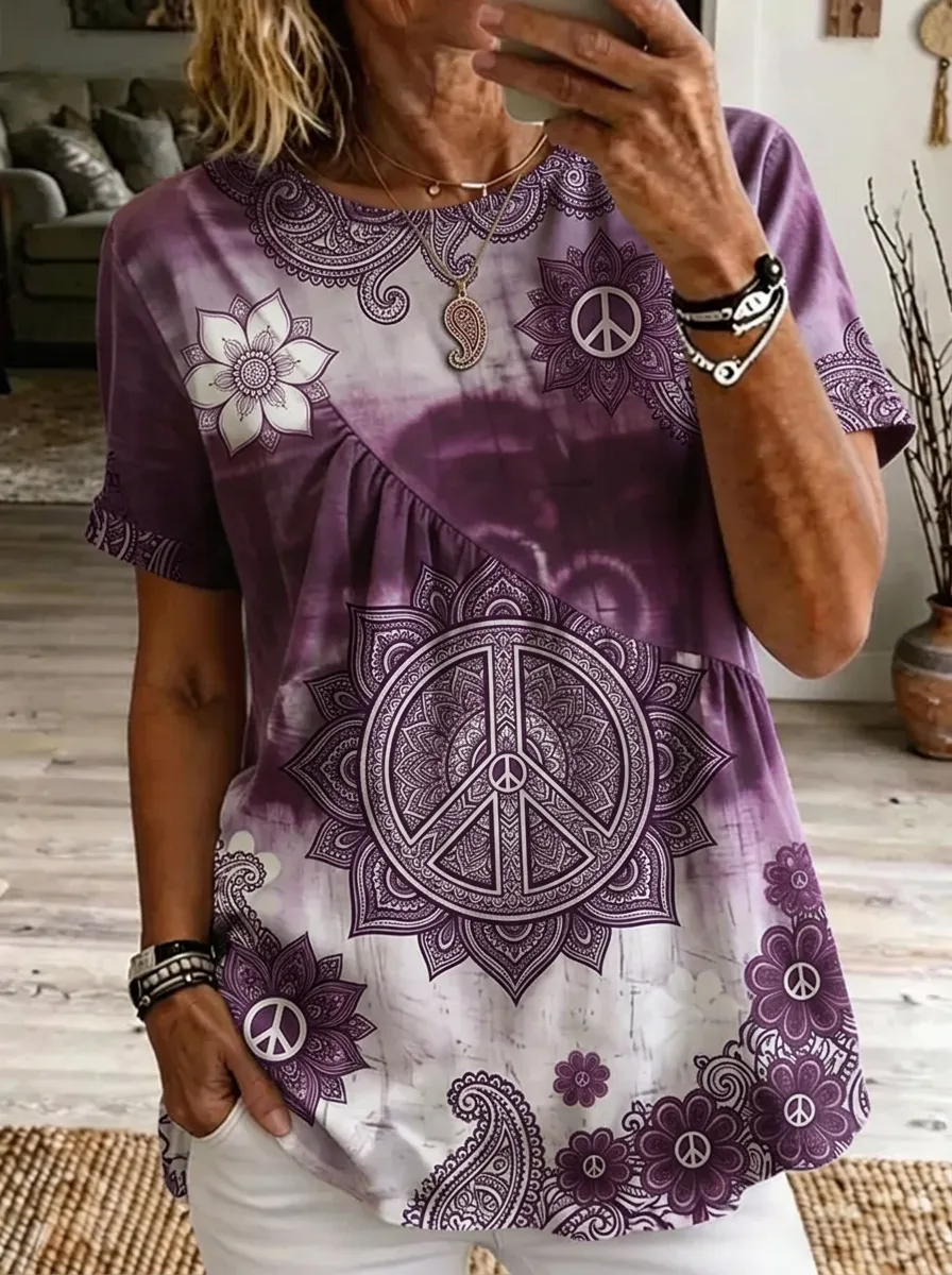 Women's Nashville Hippie Peace Sign Mandala Printed T-shirt