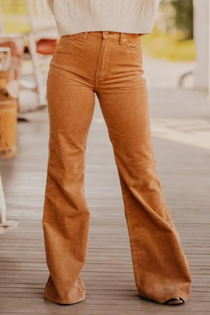 Solid Corduroy Patched Back High Waist Flare Pants
